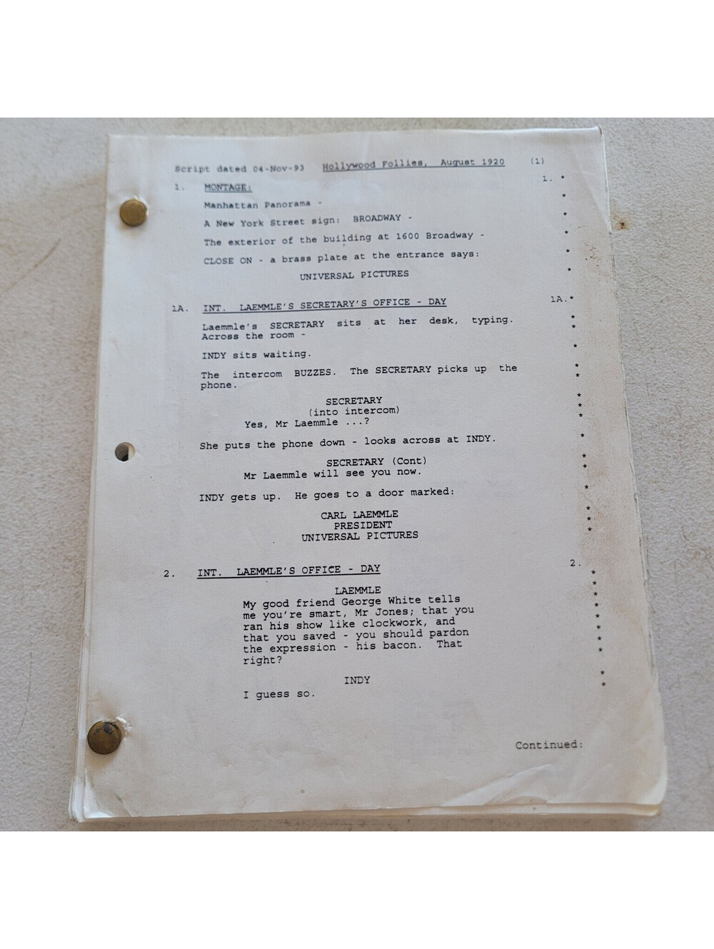 Young Indiana Jones Chronicles Lucasfilm script Hollywood Follies Rare